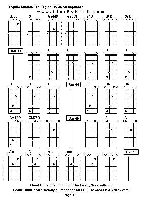 Chord Grids Chart of chord melody fingerstyle guitar song-Tequila Sunrise-The Eagles-BASIC Arrangement,generated by LickByNeck software.